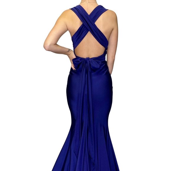Jessica Angel 573 Plunging Neck Cross Back Maxi Gown Cobalt Size Small NWT - Picture 2 of 2
